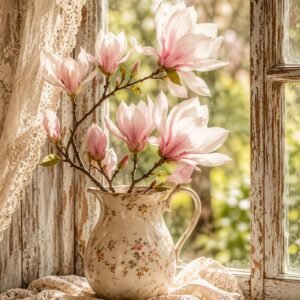 Bouquet de magnolias roses dans un pichet vintage près d’une fenêtre