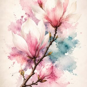 Affiche florale de magnolia en aquarelle avec fleurs roses et fond pastel