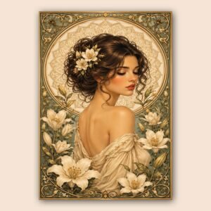 Affiche portrait féminin floral aux tons dorés et verts