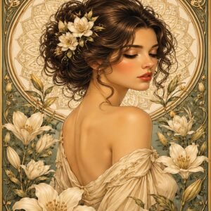 Portrait féminin Art Nouveau entouré de fleurs et d'un cadre ornemental doré