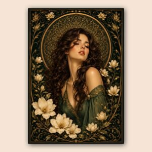 Affiche décorative portrait féminin floral en vert, or et crème