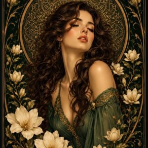 Portrait féminin entouré de fleurs blanches et d'ornements dorés sur fond vert profond