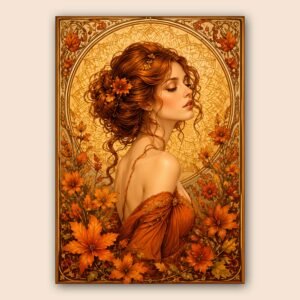 Affiche décorative portrait féminin et fleurs automnales