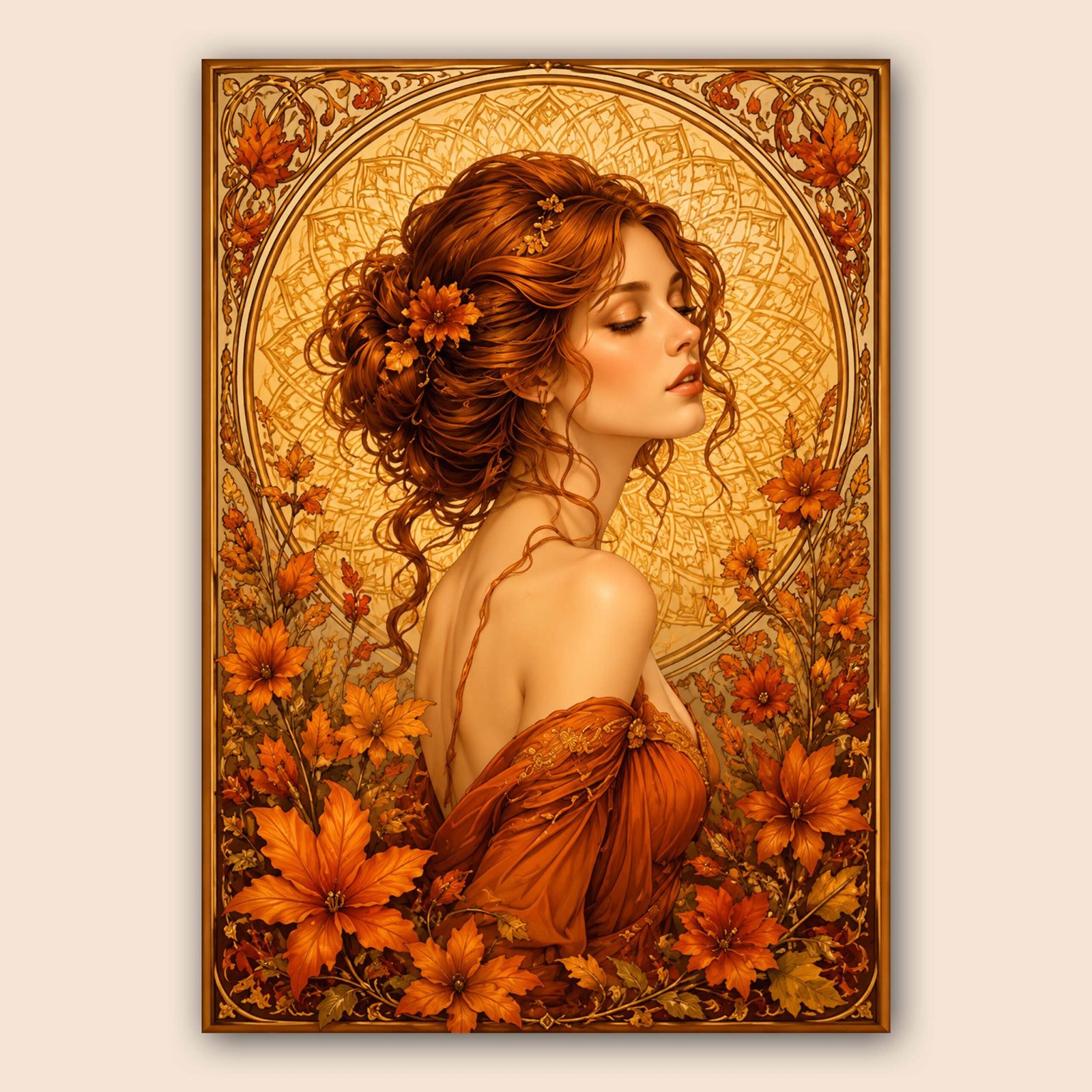 Affiche décorative portrait féminin et fleurs automnales
