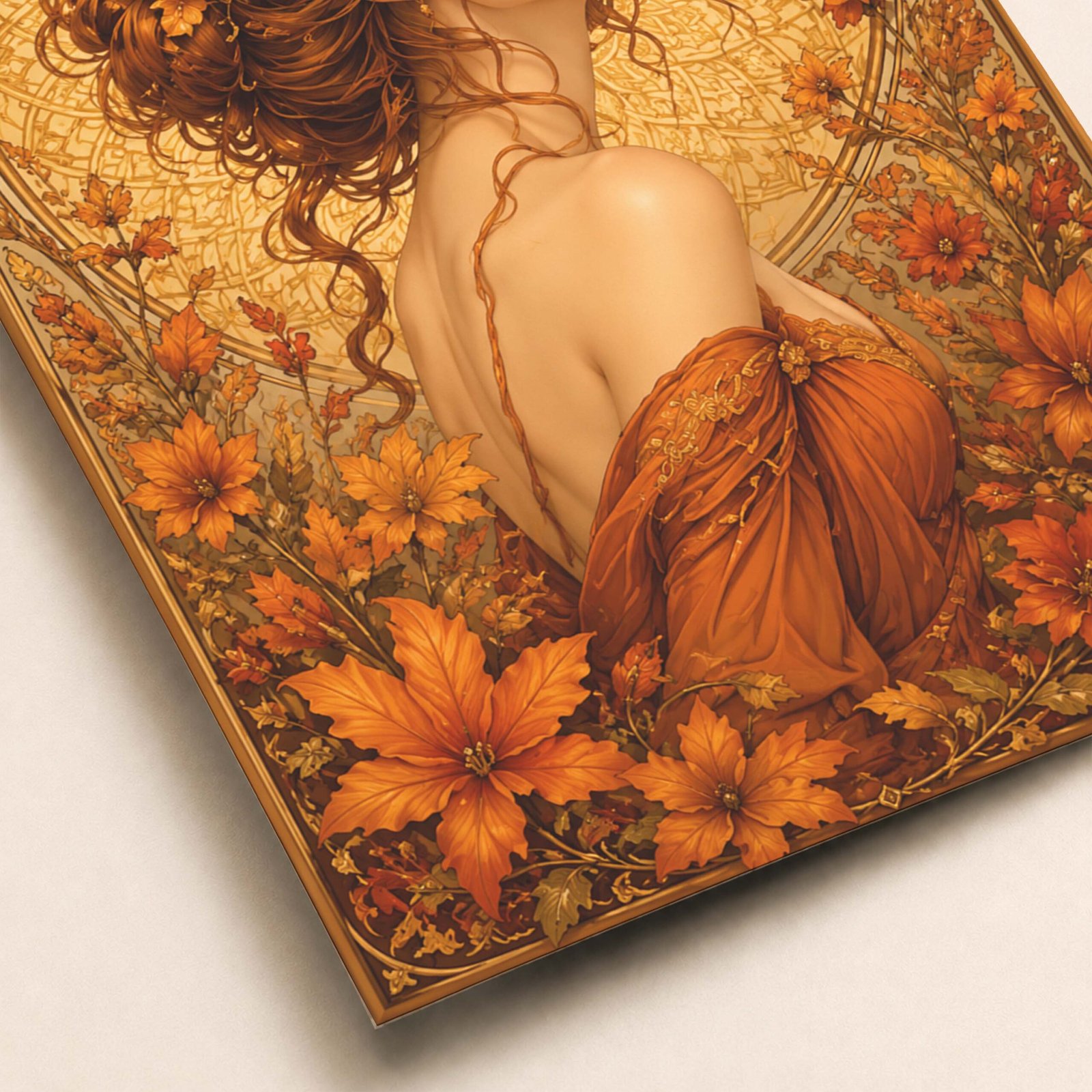 Détail du portrait féminin et des fleurs automnales