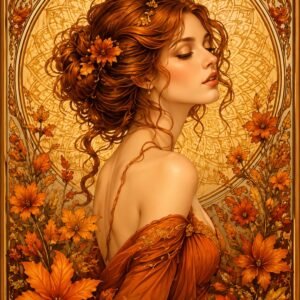 Portrait féminin entouré de fleurs automnales dans une palette dorée et orange