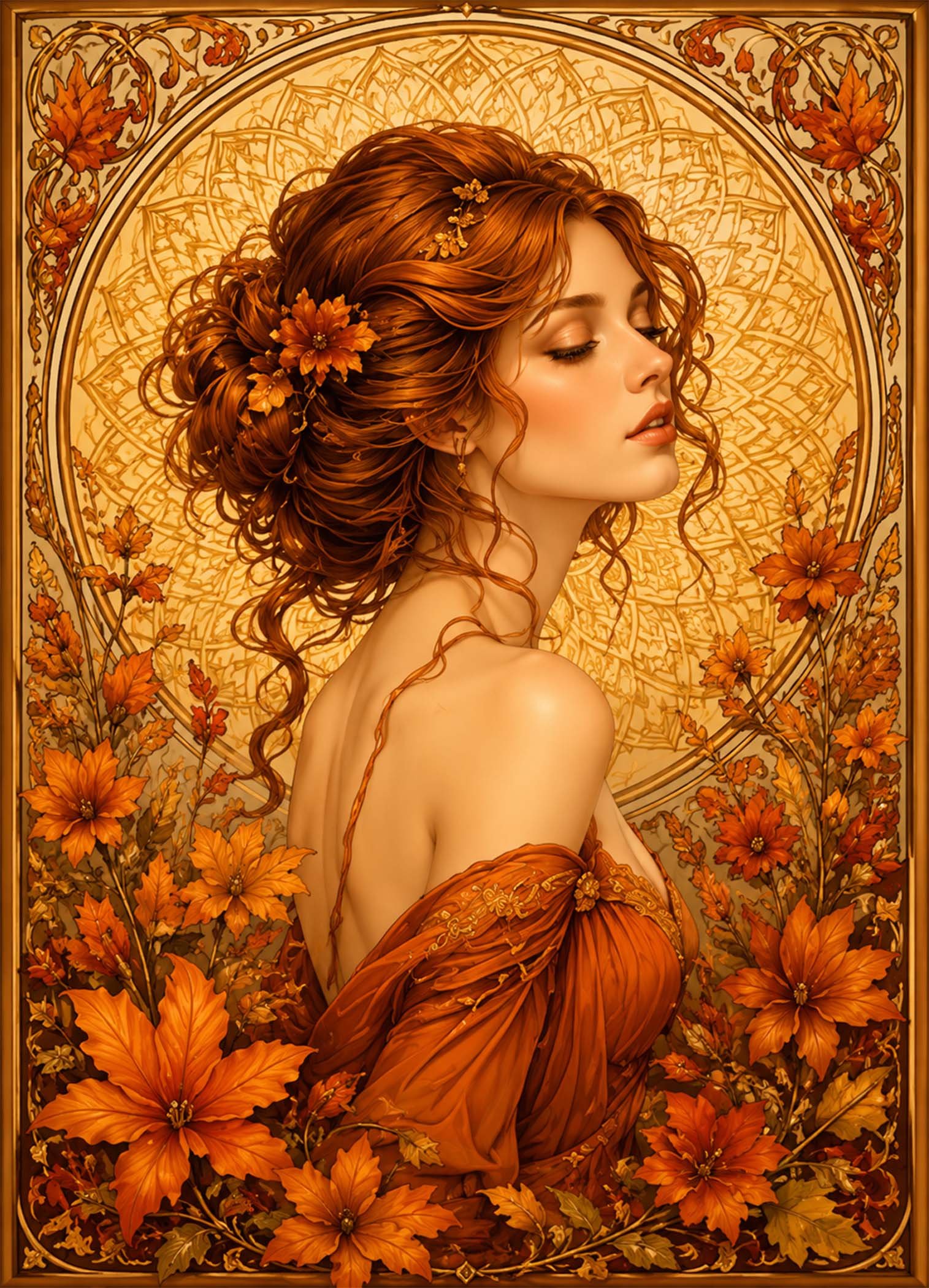Affiche représentant un portrait féminin délicat, entouré d’un décor floral automnal riche en détails. Les courbes du visage, la chevelure relevée et les fleurs orangées créent une composition douce et captivante