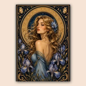 Illustration d’un portrait féminin avec fleurs violettes et ornements dorés