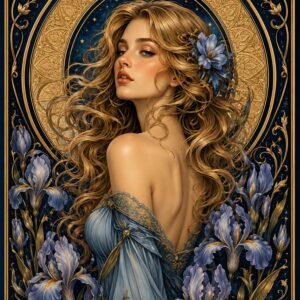 Portrait féminin entouré d’iris bleus et de motifs dorés sur fond bleu nuit