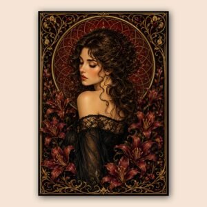 Illustration d’un portrait féminin élégant avec fleurs bordeaux et décor doré