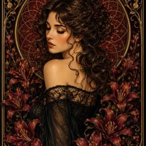Portrait féminin entouré de fleurs sombres et d’un cadre ornemental bordeaux et doré