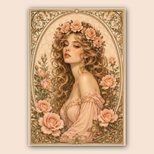 Affiche portrait féminin avec roses et ornements floraux