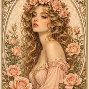 Portrait féminin entouré de roses dans une ambiance romantique et vintage