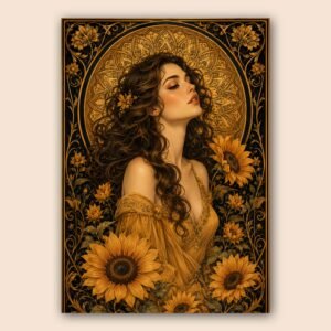 Affiche murale avec portrait féminin et tournesols sur fond ornemental