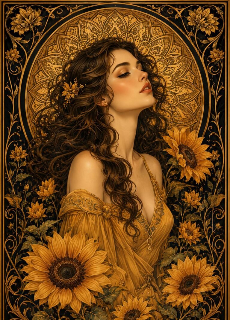 Affiche représentant un portrait féminin délicat, entouré de tournesols et d’un décor ornemental très travaillé. L’ensemble crée une composition chaleureuse, élégante et pleine de caractère