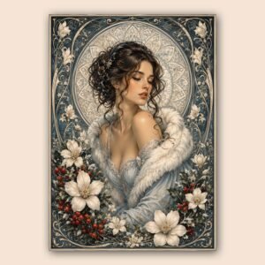 Affiche décorative avec portrait féminin et fleurs hivernales