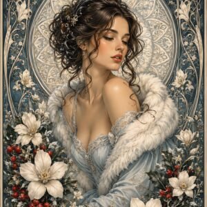 Portrait féminin élégant entouré de fleurs hivernales sur fond bleu nuit