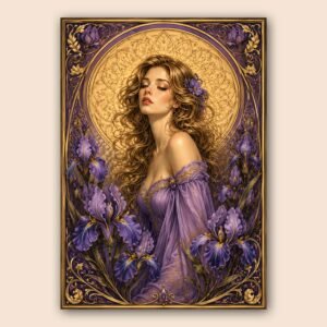 Affiche décorative portrait féminin violet avec fleurs et détails dorés