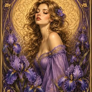 Portrait féminin entouré d’iris violets et d’ornements dorés