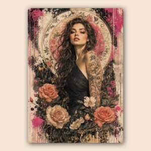Affiche décorative avec portrait féminin et fleurs roses