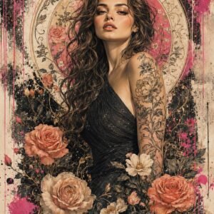 Portrait féminin décoratif entouré de fleurs roses et de feuillages sombres