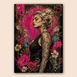 Affiche décorative avec portrait féminin, fleurs et détails dorés