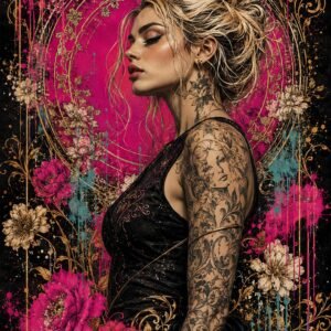 Portrait féminin décoratif avec fleurs fuchsia et arabesques dorées sur fond noir