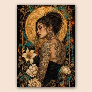Affiche décorative portrait féminin floral et ornemental