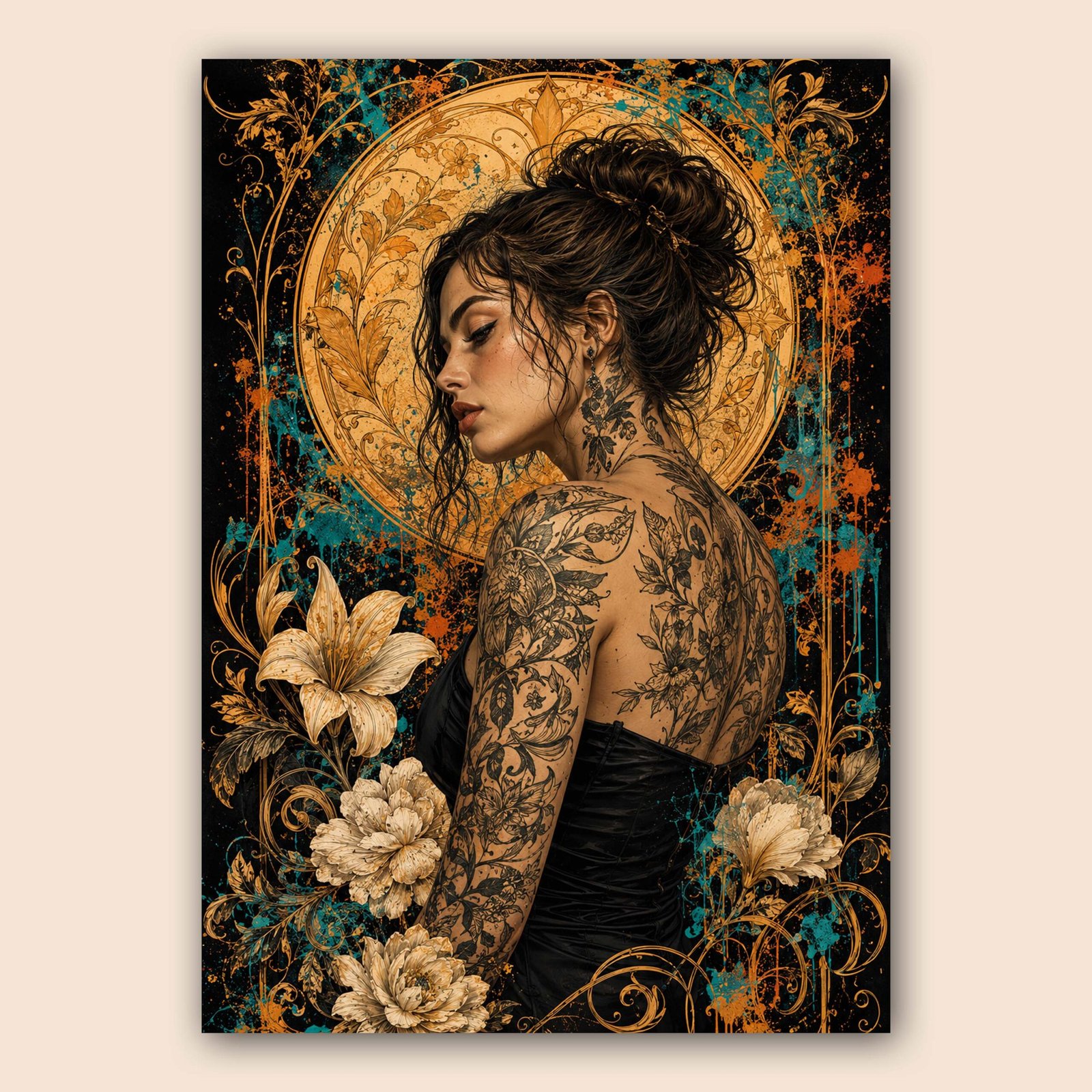 Affiche décorative portrait féminin floral et ornemental