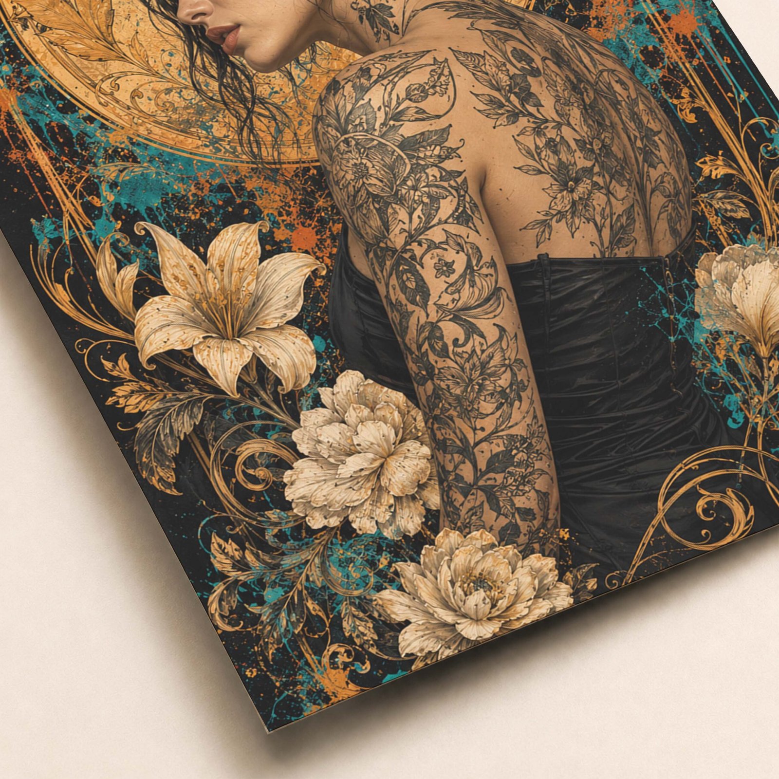 Détail du portrait féminin ornemental avec fleurs et textures décoratives