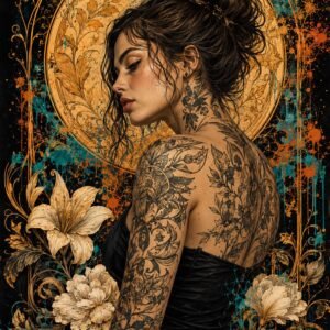 Portrait féminin ornemental avec fleurs et motifs floraux sur fond sombre