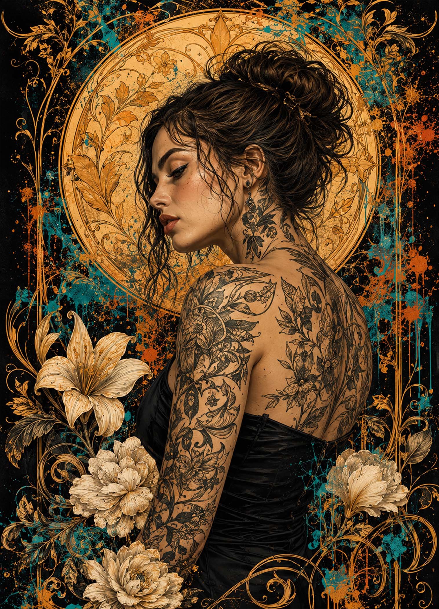 Portrait féminin ornemental avec fleurs et motifs floraux sur fond sombre