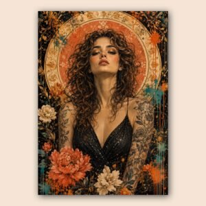Affiche décorative avec portrait féminin, fleurs et fond sombre