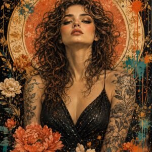 Portrait féminin décoratif entouré de fleurs sur fond noir, affiche murale A3