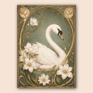 Affiche avec cygne blanc, fleurs et cadre ornemental doré