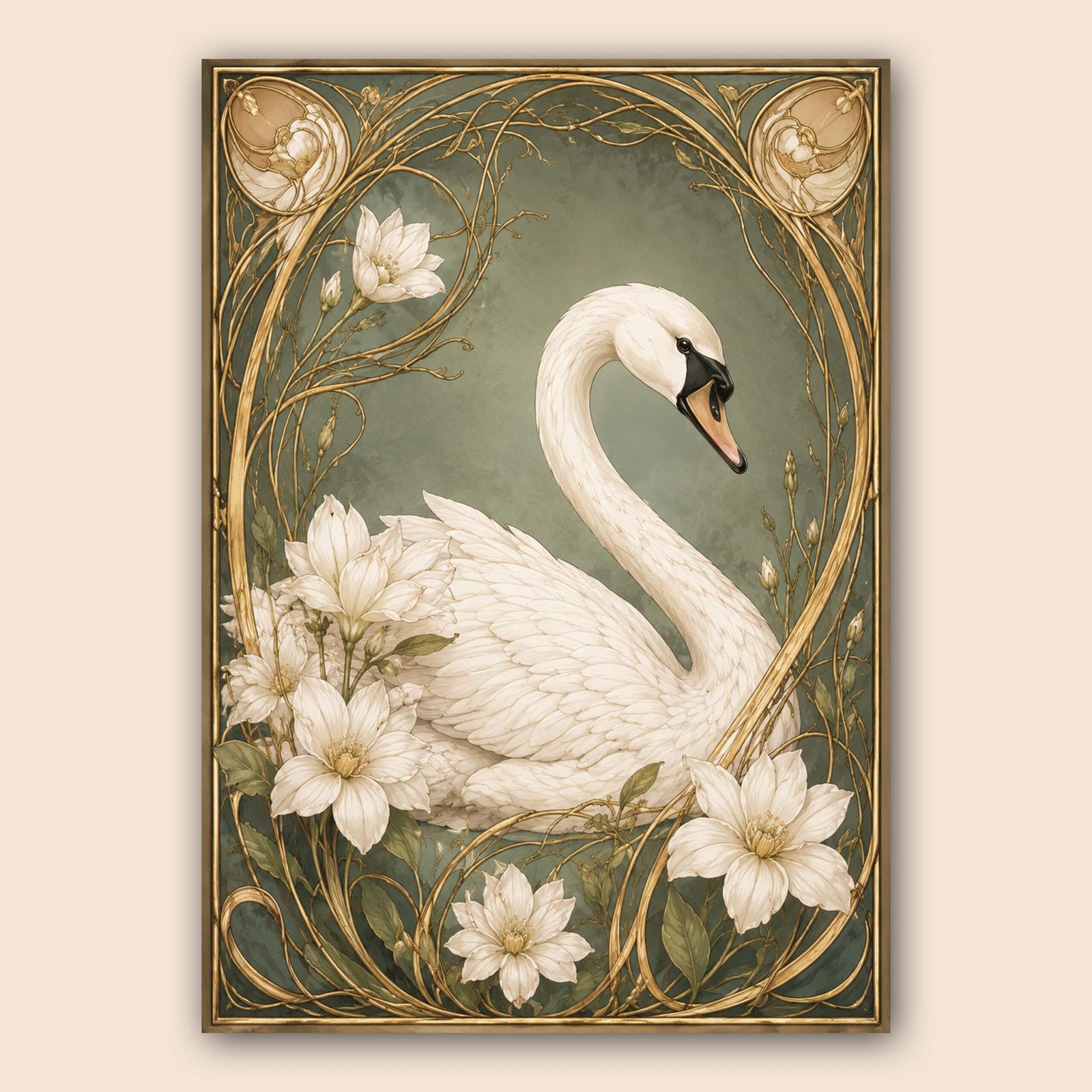 Affiche avec cygne blanc, fleurs et cadre ornemental doré