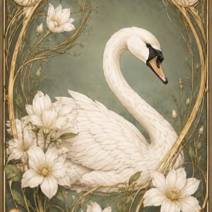 Affiche décorative avec un cygne blanc entouré de fleurs et de motifs dorés