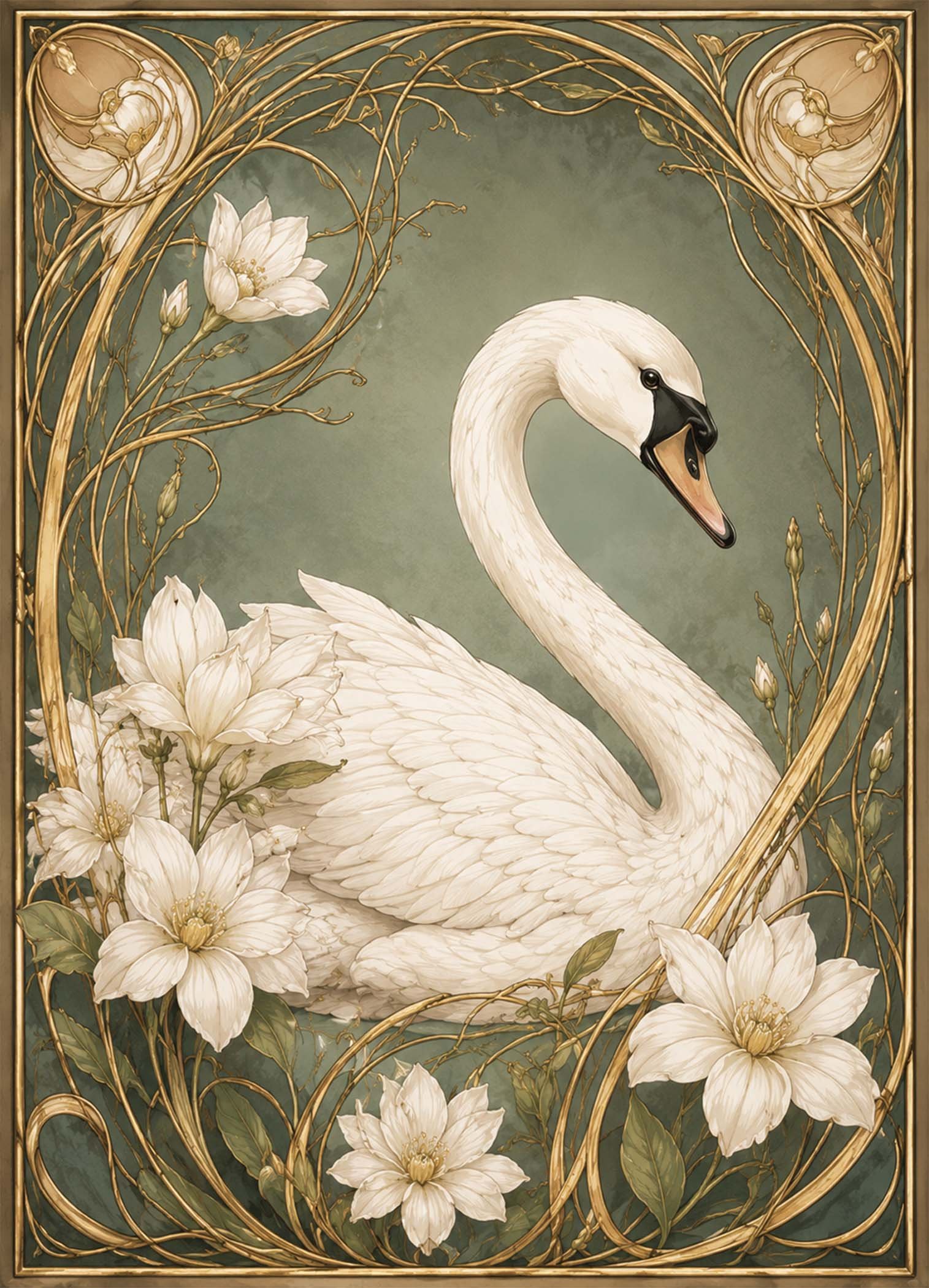 Affiche décorative avec un cygne blanc entouré de fleurs et de motifs dorés