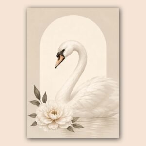 Illustration d’un cygne blanc avec fleur crème sur fond beige