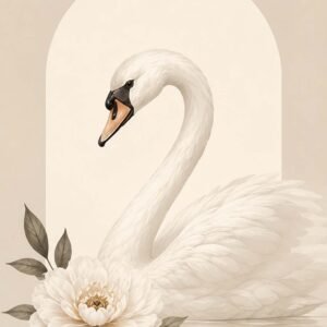 Affiche décorative avec un cygne blanc et une grande fleur crème sur fond beige