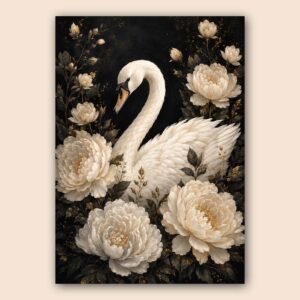 Affiche cygne blanc et fleurs crème