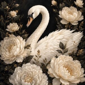 Cygne blanc entouré de grandes fleurs crème sur fond sombre