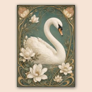 Affiche décorative avec cygne blanc, fleurs et cadre ornemental