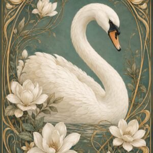 Cygne blanc entouré de fleurs sur fond vert sauge avec cadre doré décoratif