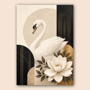 Affiche murale décorative avec cygne blanc et fleur botanique sur fond beige, noir et doré