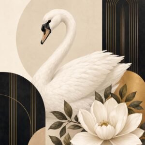 Affiche décorative avec cygne blanc, fleur botanique et formes art déco beige, noir et doré