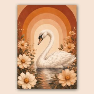 Cygne blanc dans un décor floral aux tons chauds
