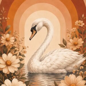 Affiche décorative avec un cygne blanc entouré de fleurs terracotta et d’un arc en arrière-plan