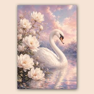 Affiche décorative avec cygne blanc, fleurs blanches et ambiance pastel