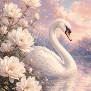 Cygne blanc dans une eau calme entouré de fleurs blanches sur fond pastel